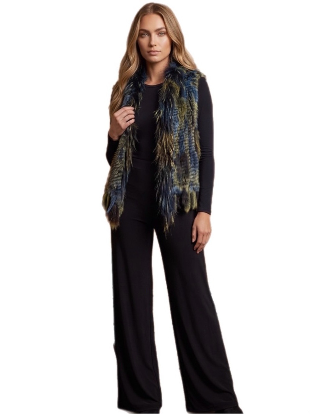 NWT ADORE Genuine Rabbit Raccoon Fur Vest S Multicolor Fringe Statement